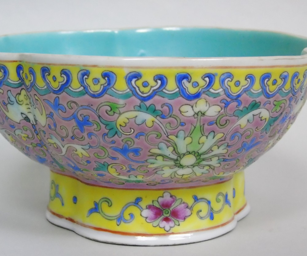 Antique Chinese Trefoil Porcelain Bowl Famille Rose View V