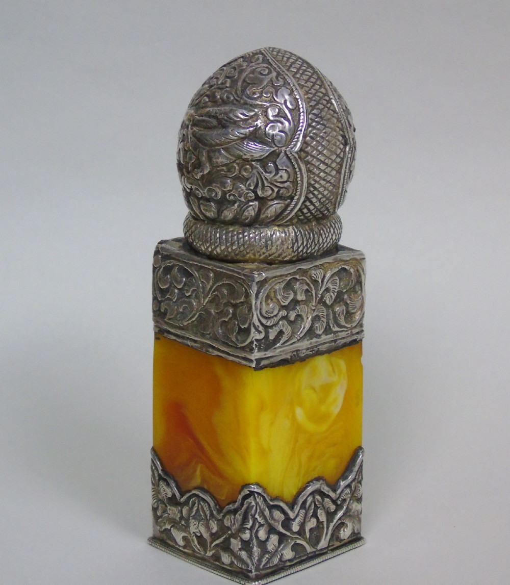 19th Century Indian Silver Mounted Butterscotch Amber Desk Seal View II