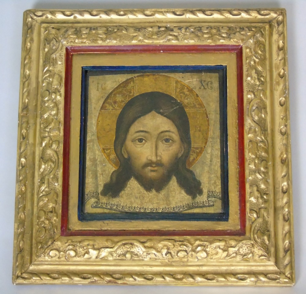 Early Antique Greek Icon Painted on Wood Panel Head of Christ
