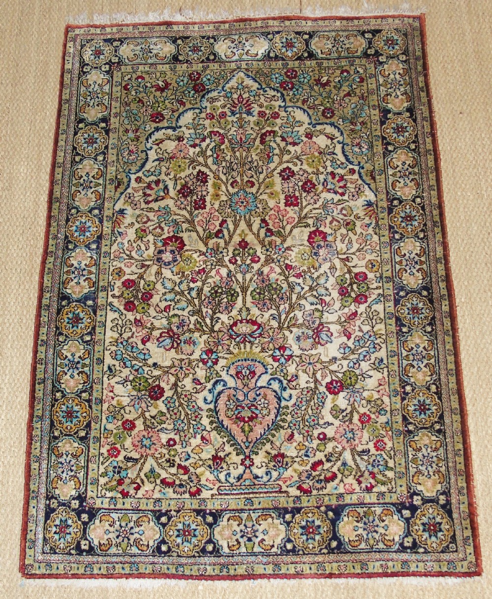 Stunning Kashmir Silk Prayer Rug With Vase of Flowers Design