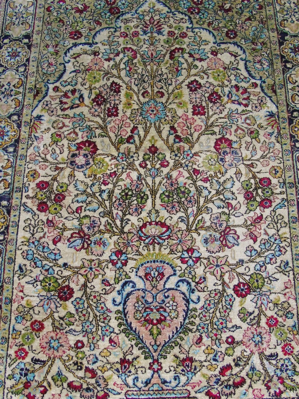 Stunning Kashmir Silk Prayer Rug With Vase of Flowers Design View IV