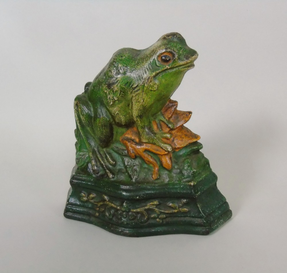 Antique Cast Iron Doorstop Frog Original Paint View III