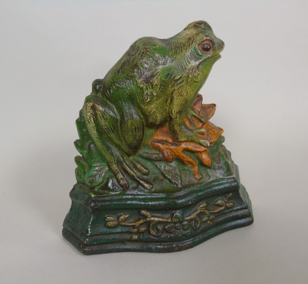 Antique Cast Iron Doorstop Frog Original Paint View IV