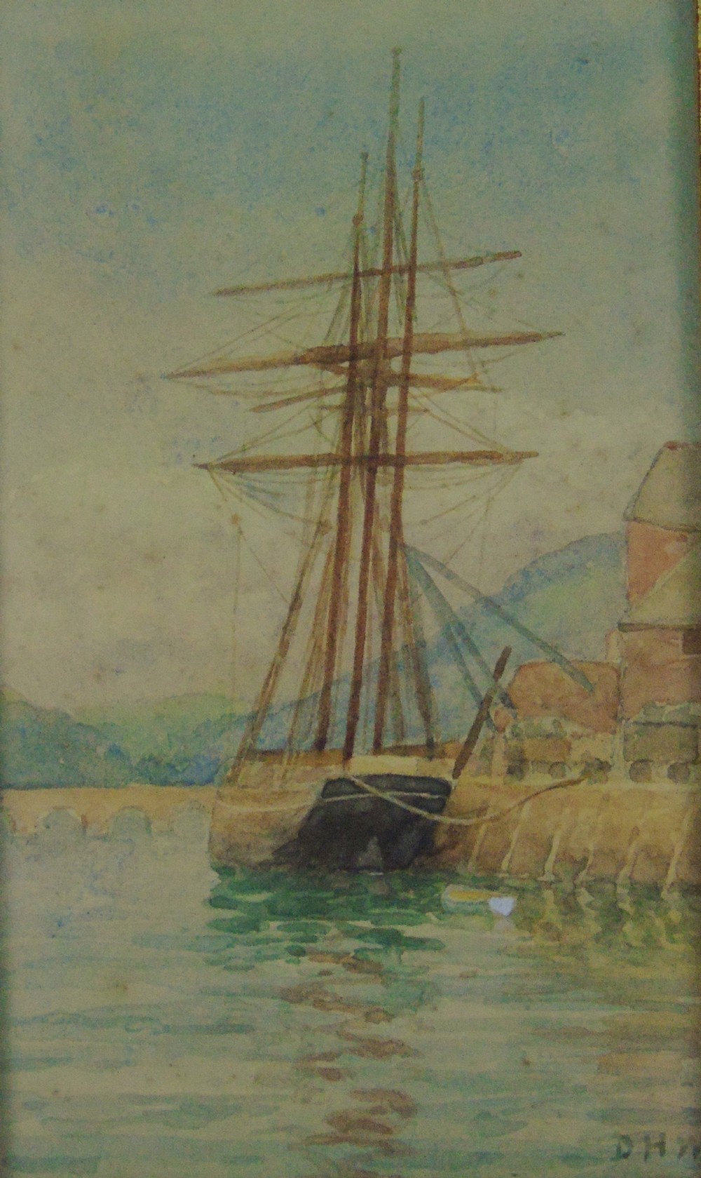 Antique Watercolour of Sailing Ship 19th Century Cornwall View IV