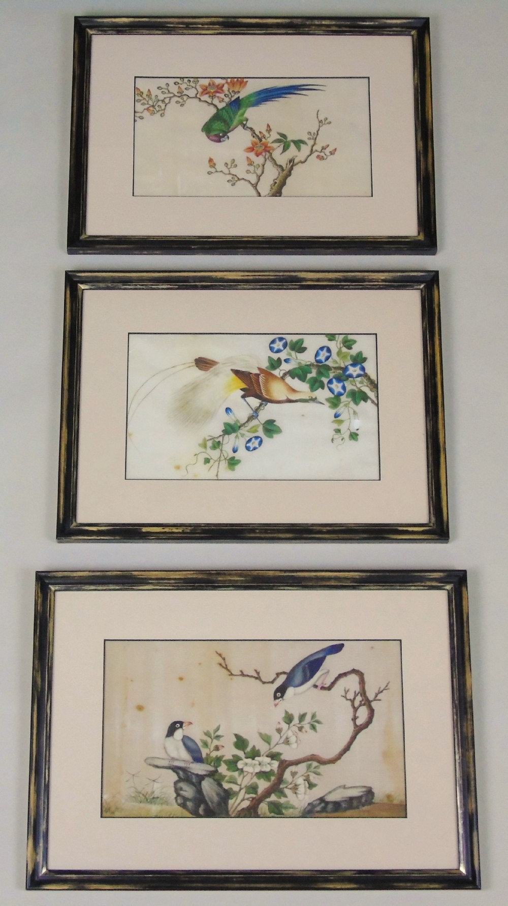 Antique Chinese Pith Painting Birds Set of Three