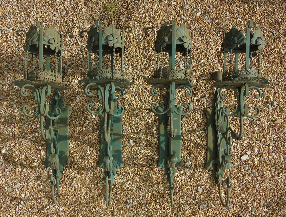 Antique Spanish Style Wrought Iron Wall Scones Set of Four View VII