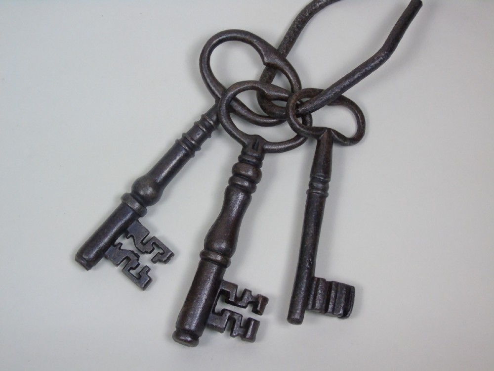 Massive Antique Iron Keys On Beaten Iron Hook View II