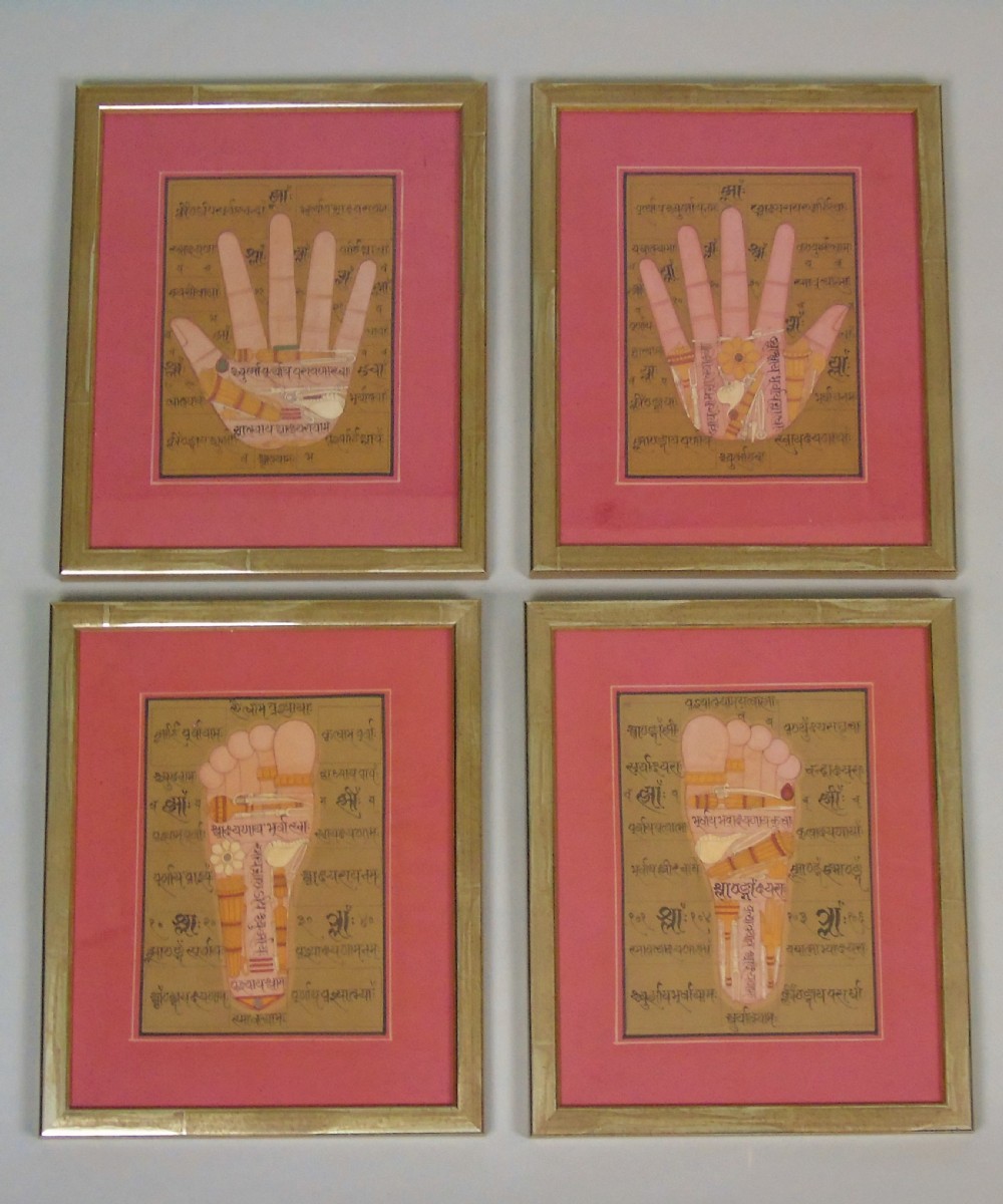 Rare Set of 4 Antique Indian Paintings Palmistry & Solestry