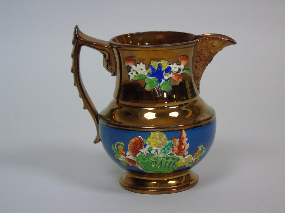 Victorian Copper Lustre Jug with Staffordshire Relief Panels View II