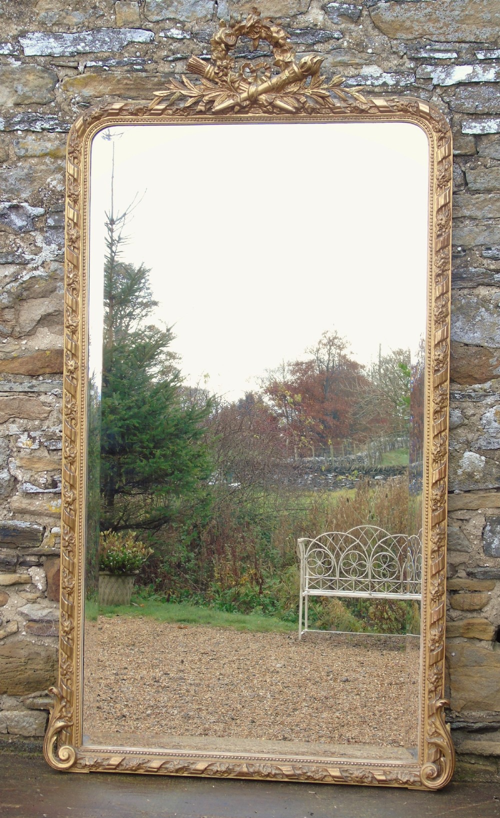 Large Antique French Arch Gilt Mirror with Crest View II