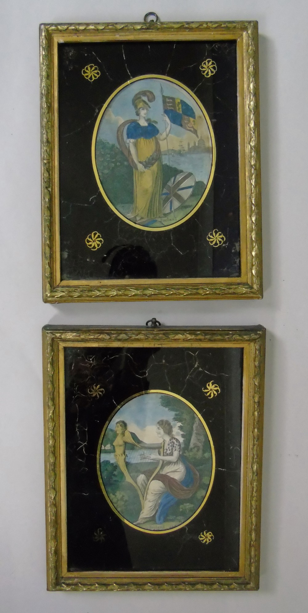 Pair of Georgian Engravings England and Ireland Verre Eglomise 19th Century
