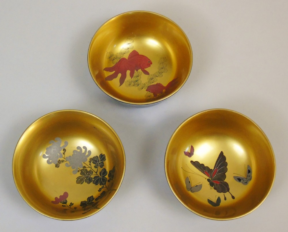 Beautiful Set of Three Japanese Lacquer Bowls View III
