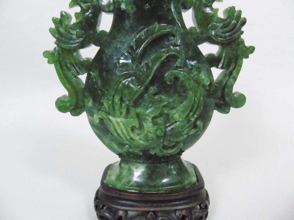 Large Early 20th Century Chinese Spinach Jade Urn & Cover View II