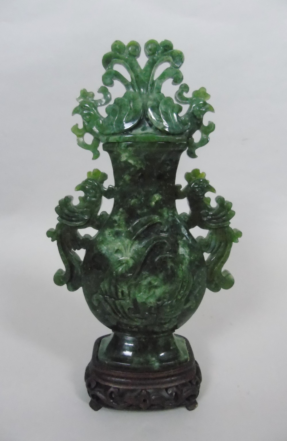 Large Early 20th Century Chinese Spinach Jade Urn & Cover View III