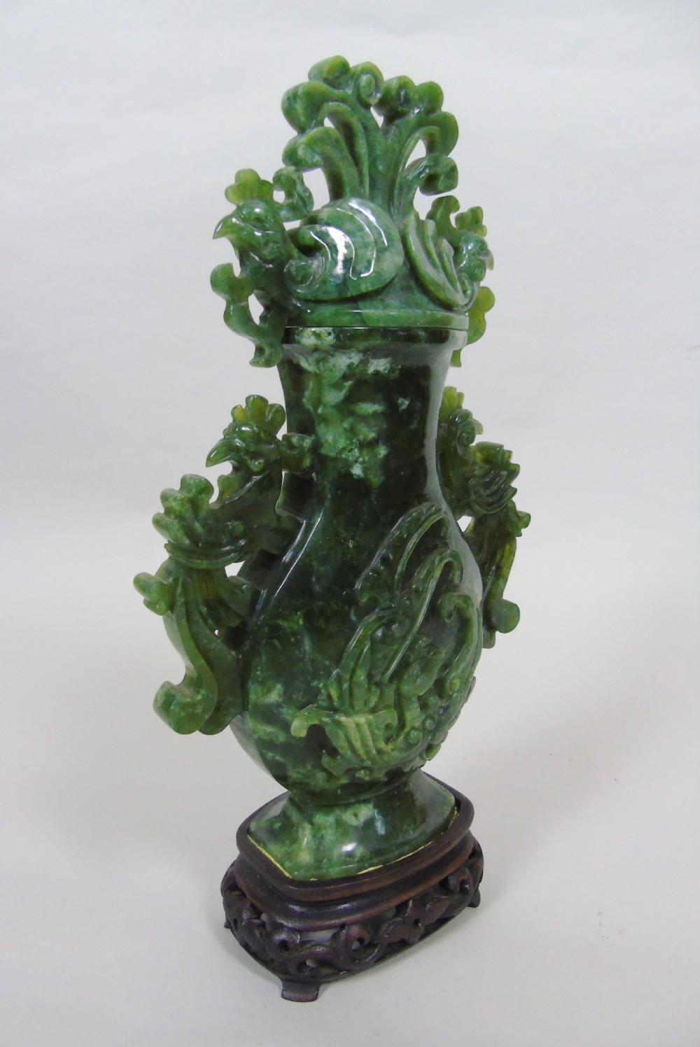 Large Early 20th Century Chinese Spinach Jade Urn & Cover View V