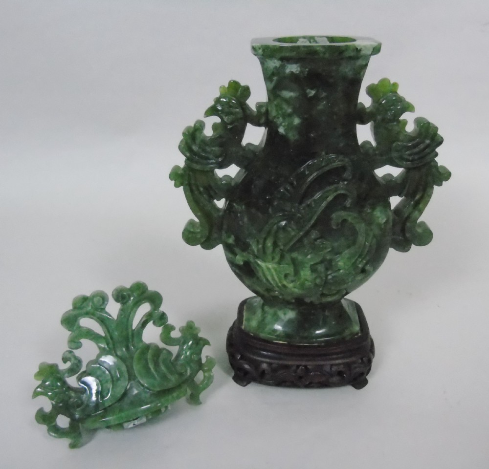 Large Early 20th Century Chinese Spinach Jade Urn & Cover View VI