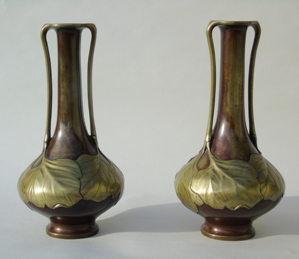 Pair of Signed Japanese Meiji Overlaid Bronze Vases