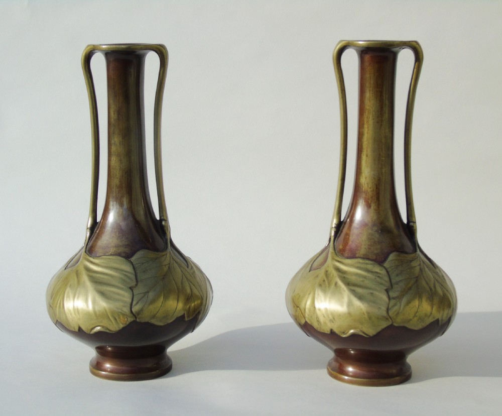 Pair of Signed Japanese Meiji Overlaid Bronze Vases View II
