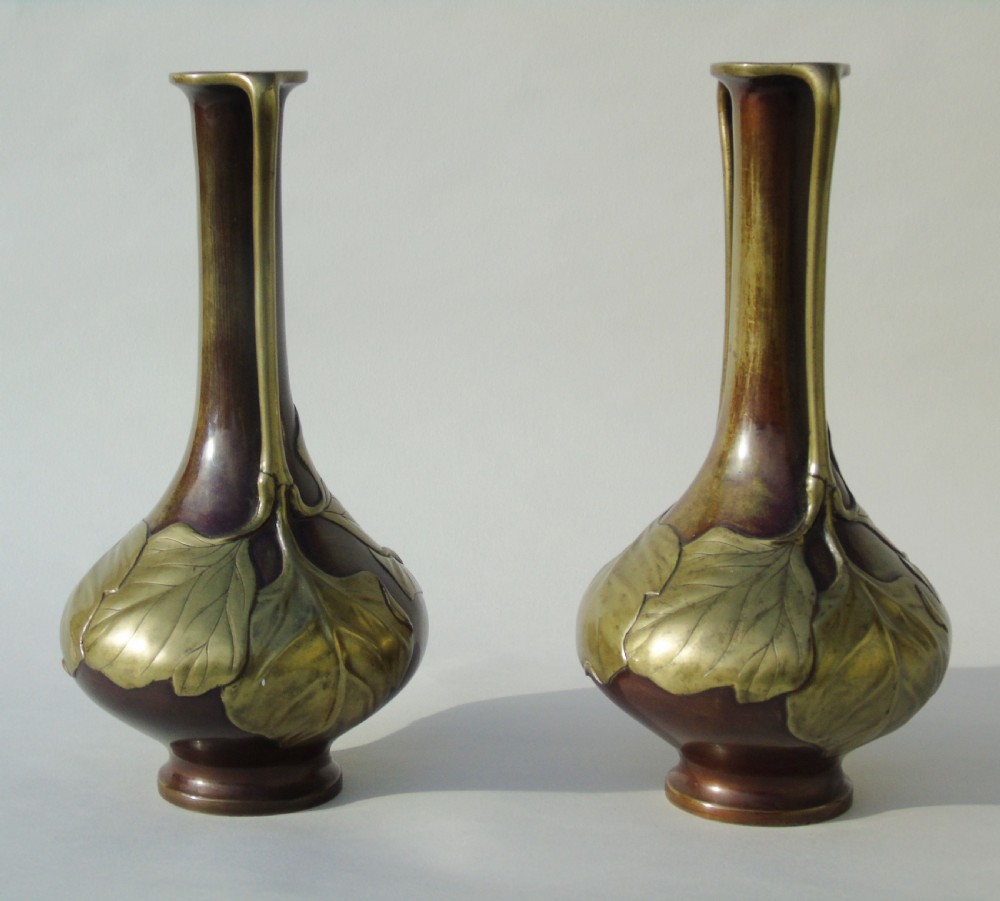 Pair of Signed Japanese Meiji Overlaid Bronze Vases View III