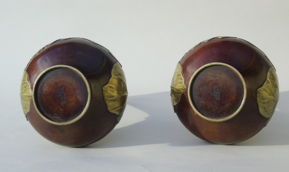 Pair of Signed Japanese Meiji Overlaid Bronze Vases View IV