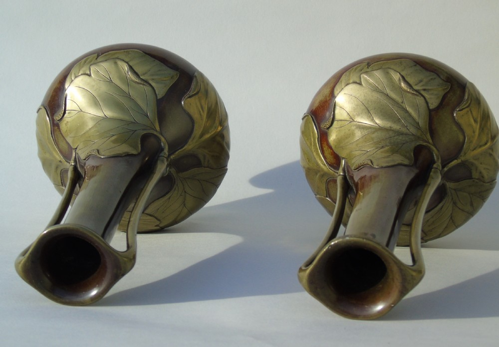 Pair of Signed Japanese Meiji Overlaid Bronze Vases View V
