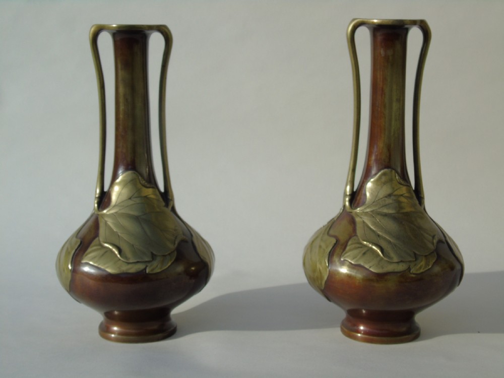 Pair of Signed Japanese Meiji Overlaid Bronze Vases View VI