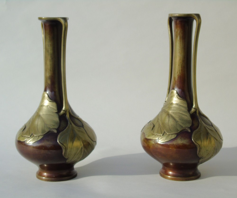 Pair of Signed Japanese Meiji Overlaid Bronze Vases View VII