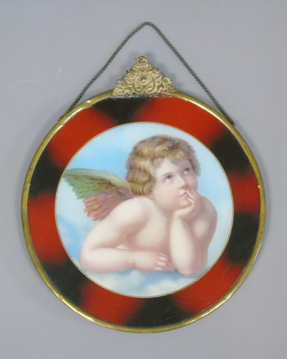 Antique Glass Cherub Wall Plaque Verre Eglomise