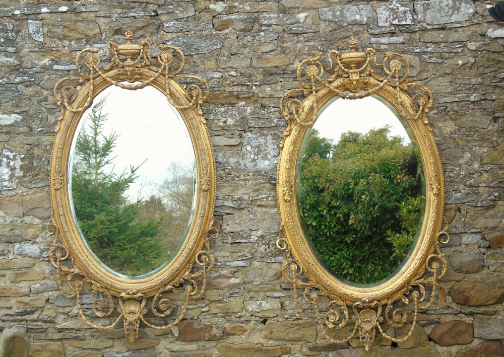 Outstanding Pair of Large Antique Gilt and Gesso Oval Mirrors in the Adam Style View VIII