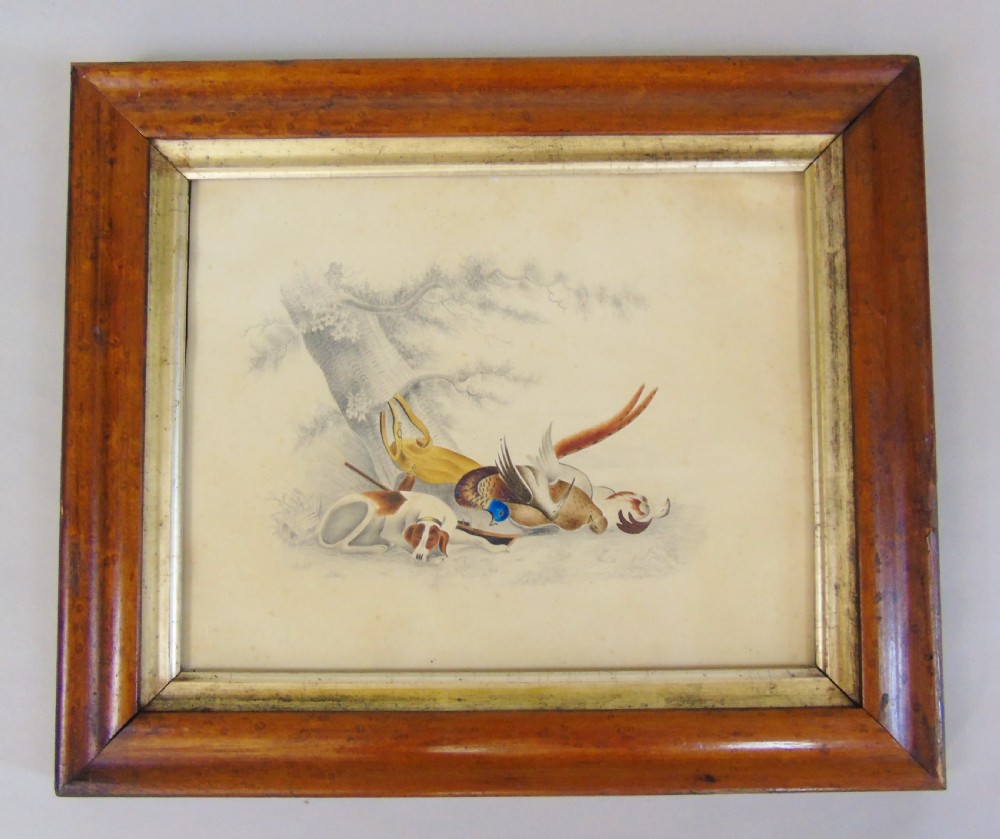 Antique Watercolour Painting Hunting Hound and Gamebirds 19th Century