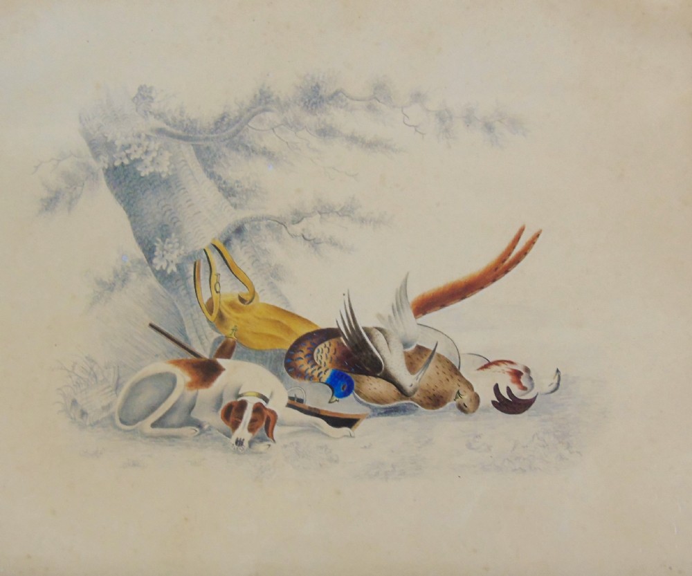 Antique Watercolour Painting Hunting Hound and Gamebirds 19th Century View II