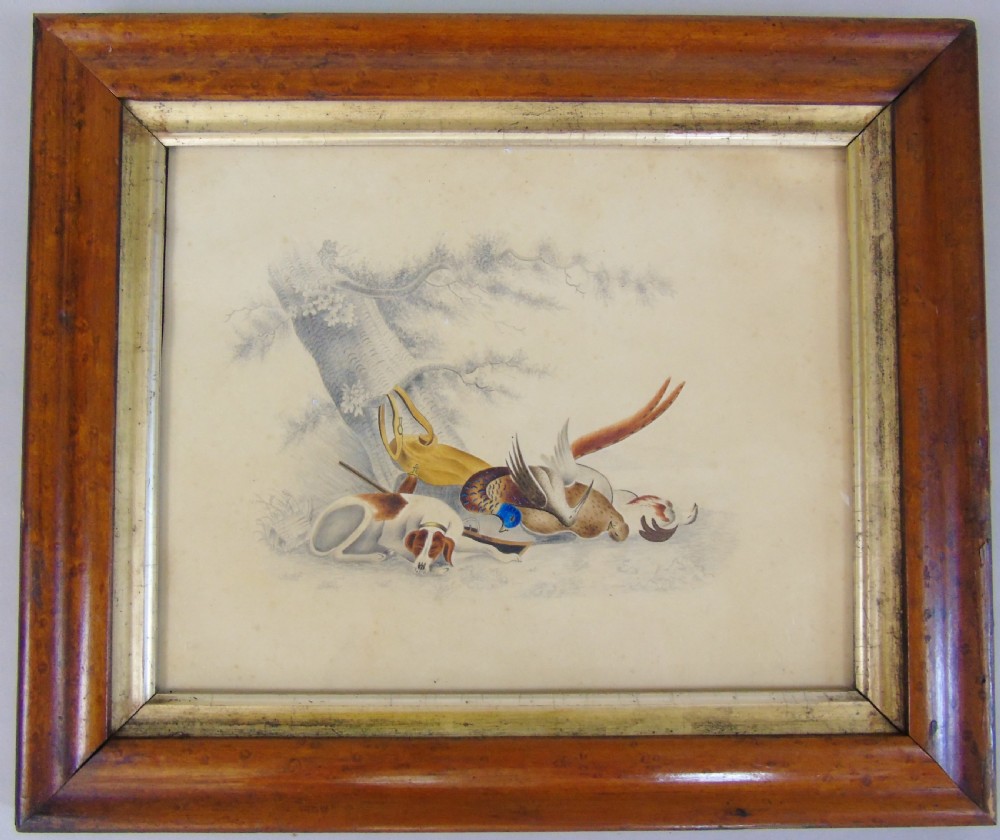 Antique Watercolour Painting Hunting Hound and Gamebirds 19th Century View III