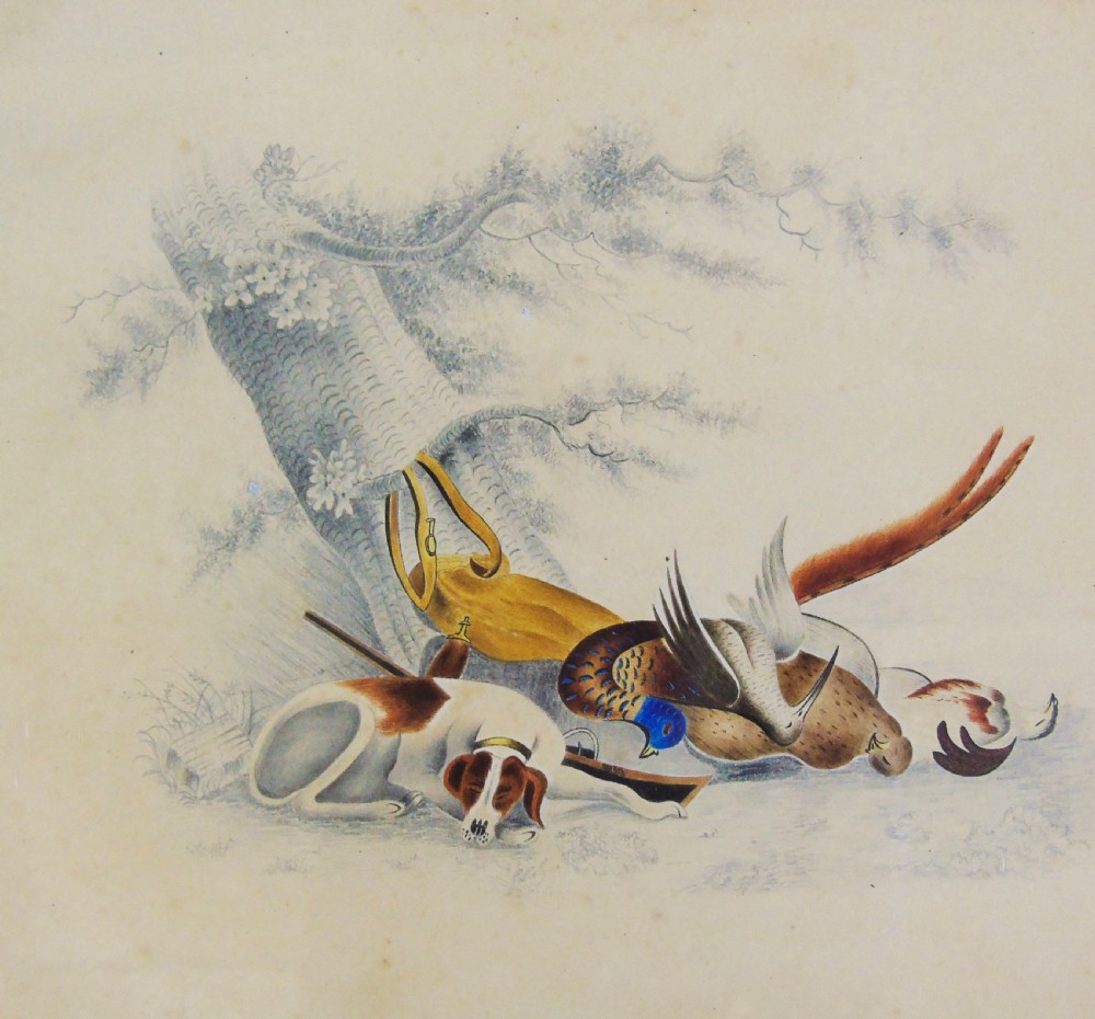 Antique Watercolour Painting Hunting Hound and Gamebirds 19th Century View IV