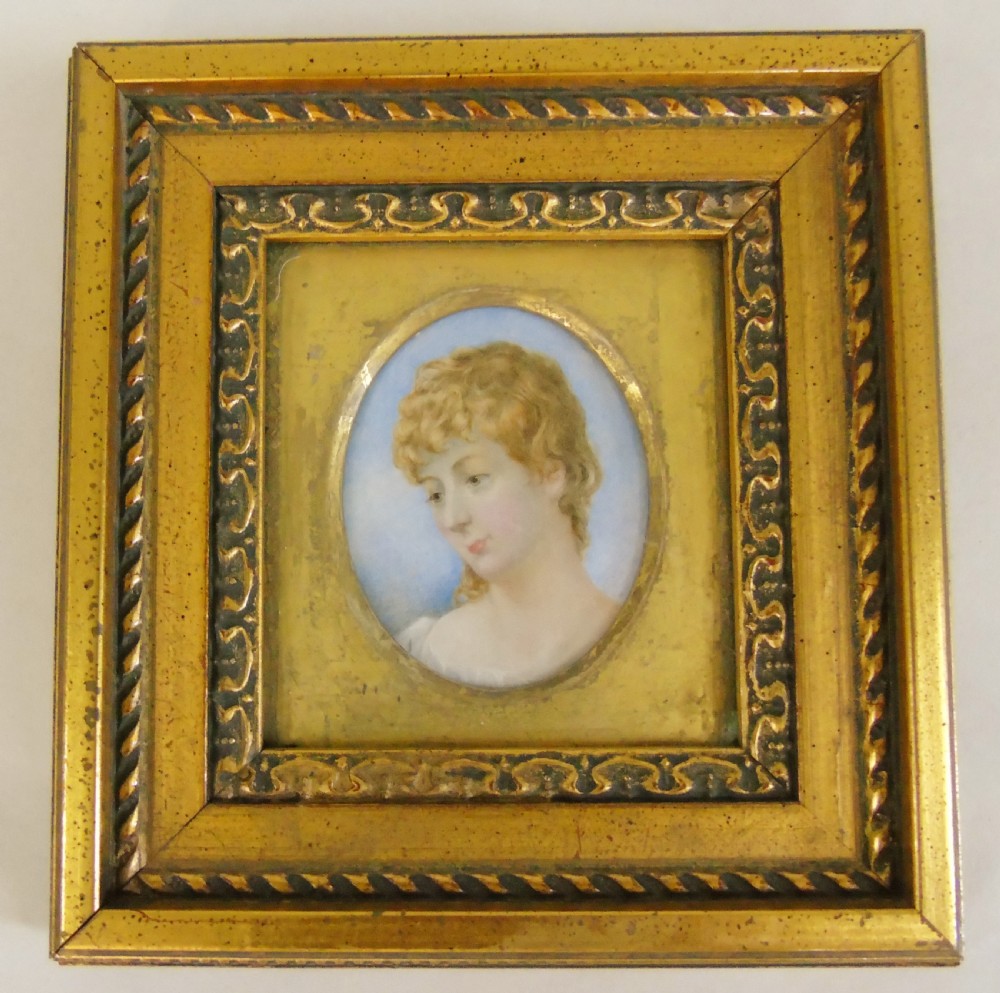Antique Watercolour Miniature Painting Caroline Lamb 19th Century View II