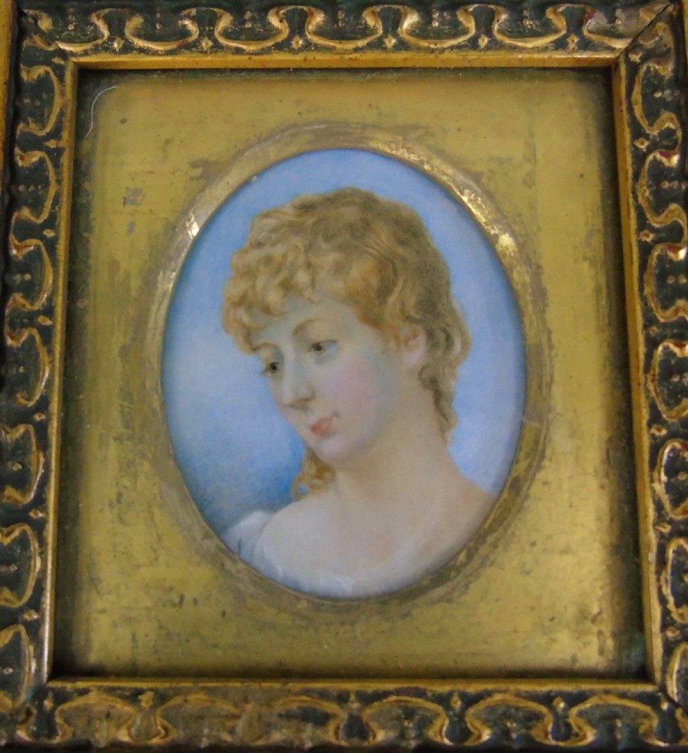 Antique Watercolour Miniature Painting Caroline Lamb 19th Century View IV