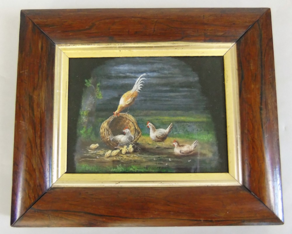 Antique Painting on Silk Chickens 19th Century