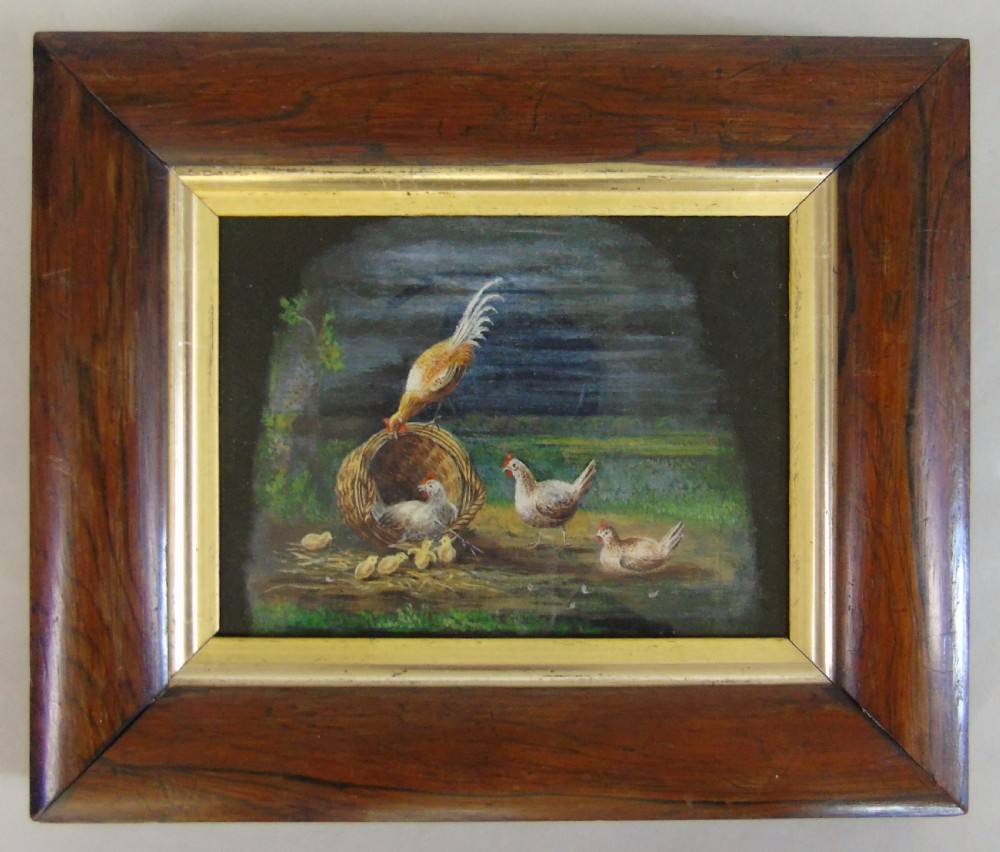 Antique Painting on Silk Chickens 19th Century View II