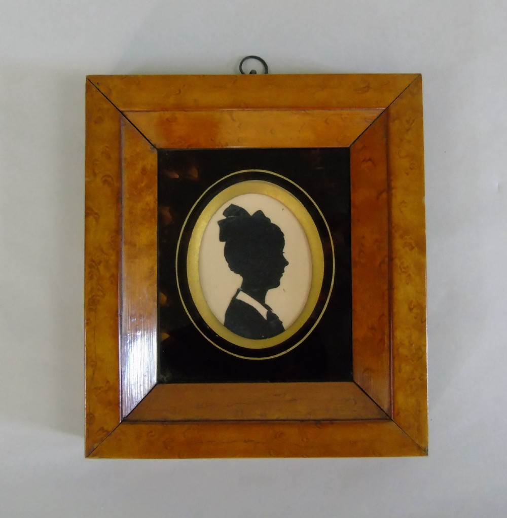 Beautiful Portrait Miniature Silhouette in Burr Walnut Frame