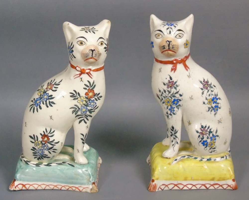 Pretty Pair of Early Victorian Staffordshire Cats on Cushions View II