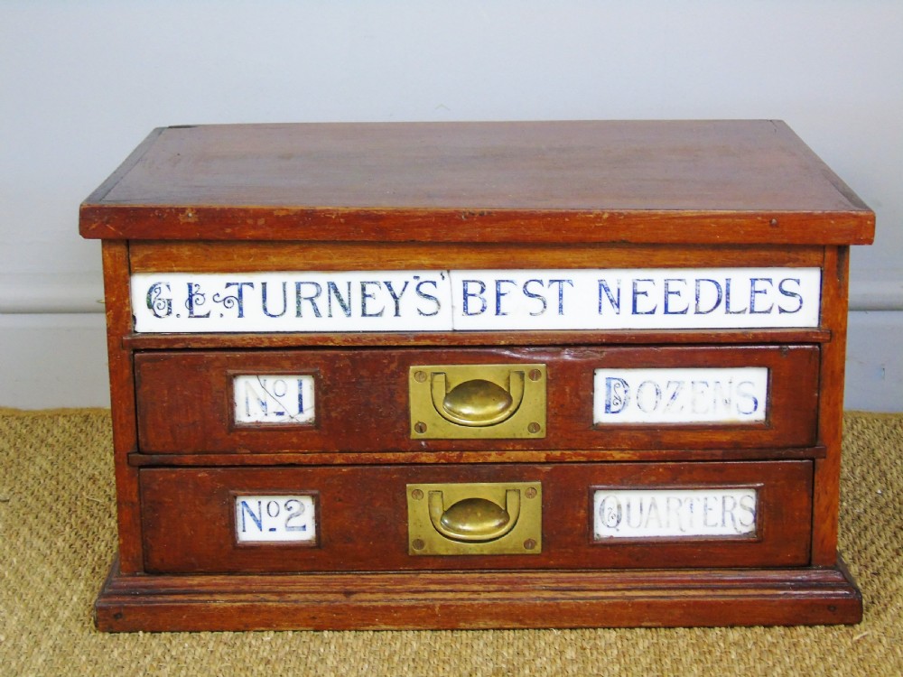 Antique Mahogany Counter Top Turneys Needle Box Haberdashery