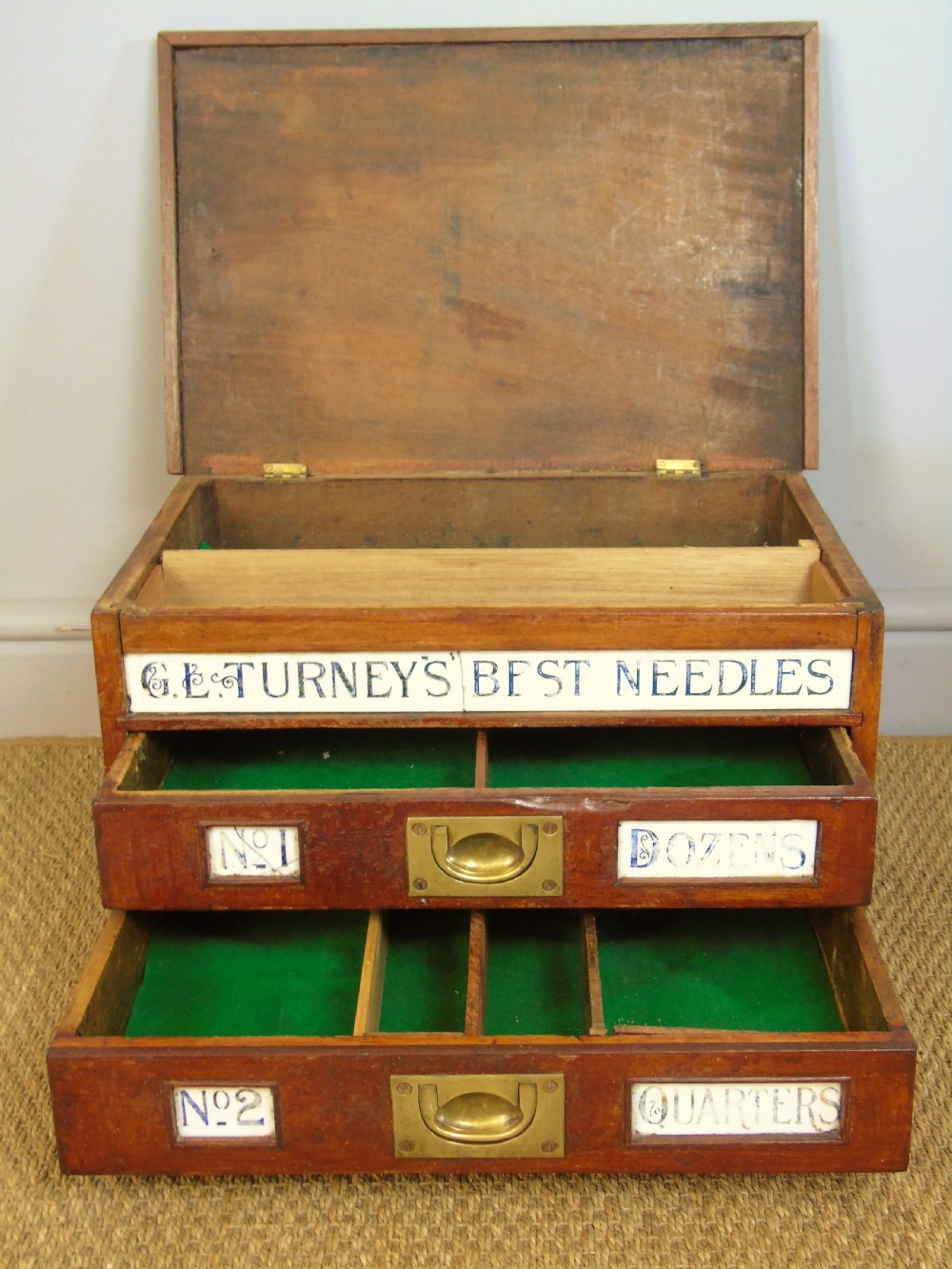 Antique Mahogany Counter Top Turneys Needle Box Haberdashery View V