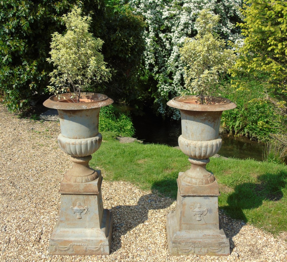 Fine Pair of Large 19th Century Campana Urns on Stands Garden Cast Iron View III