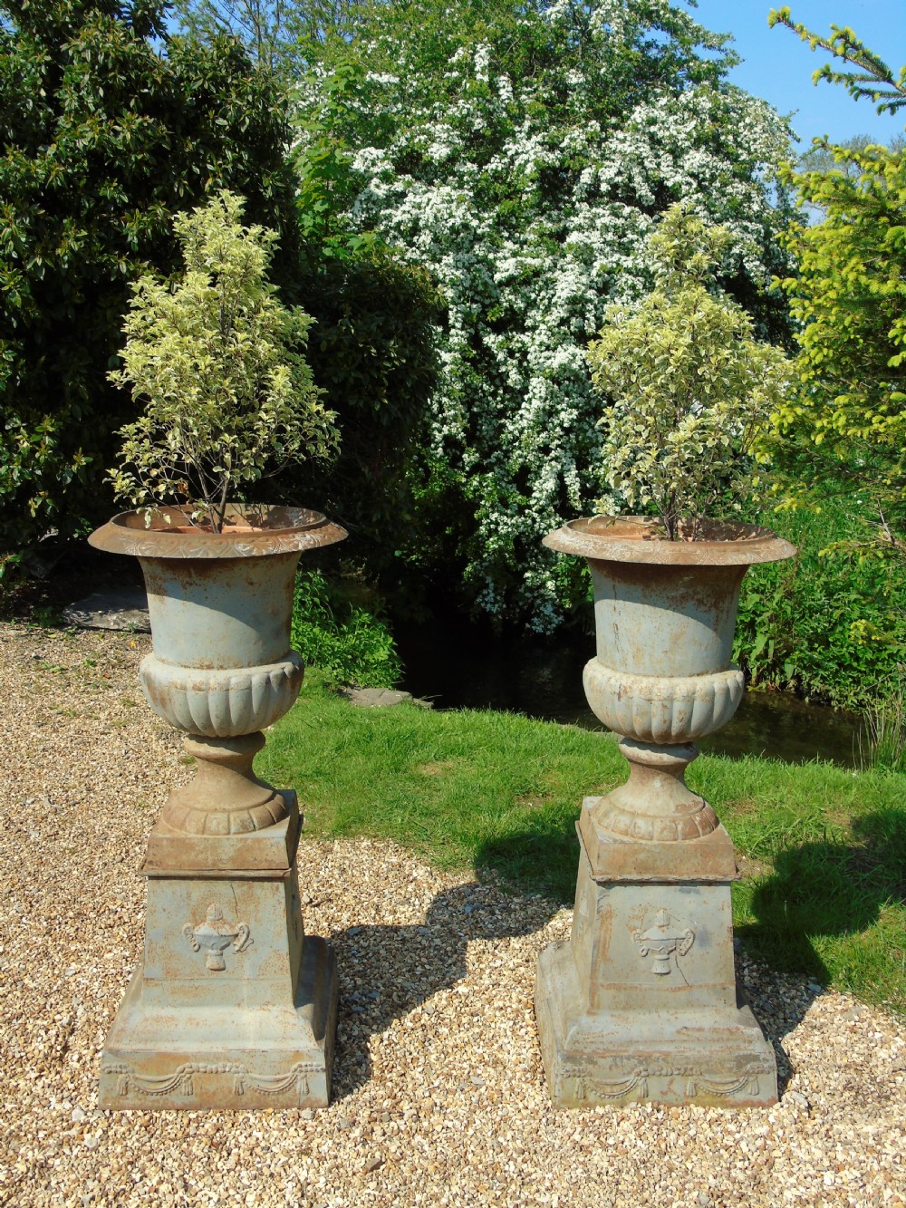 Fine Pair of Large 19th Century Campana Urns on Stands Garden Cast Iron View II