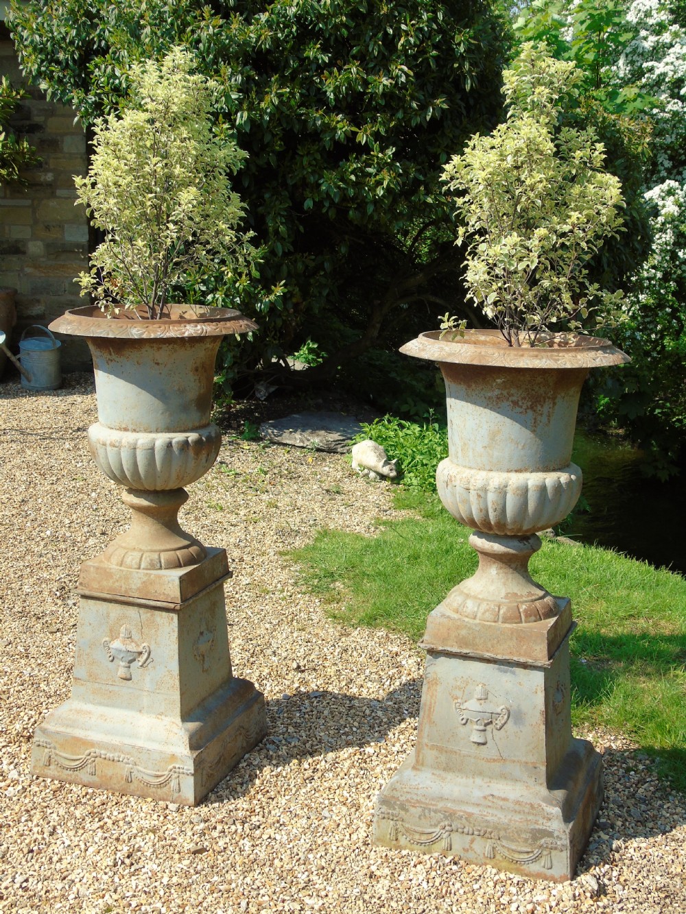 Fine Pair of Large 19th Century Campana Urns on Stands Garden Cast Iron View IV