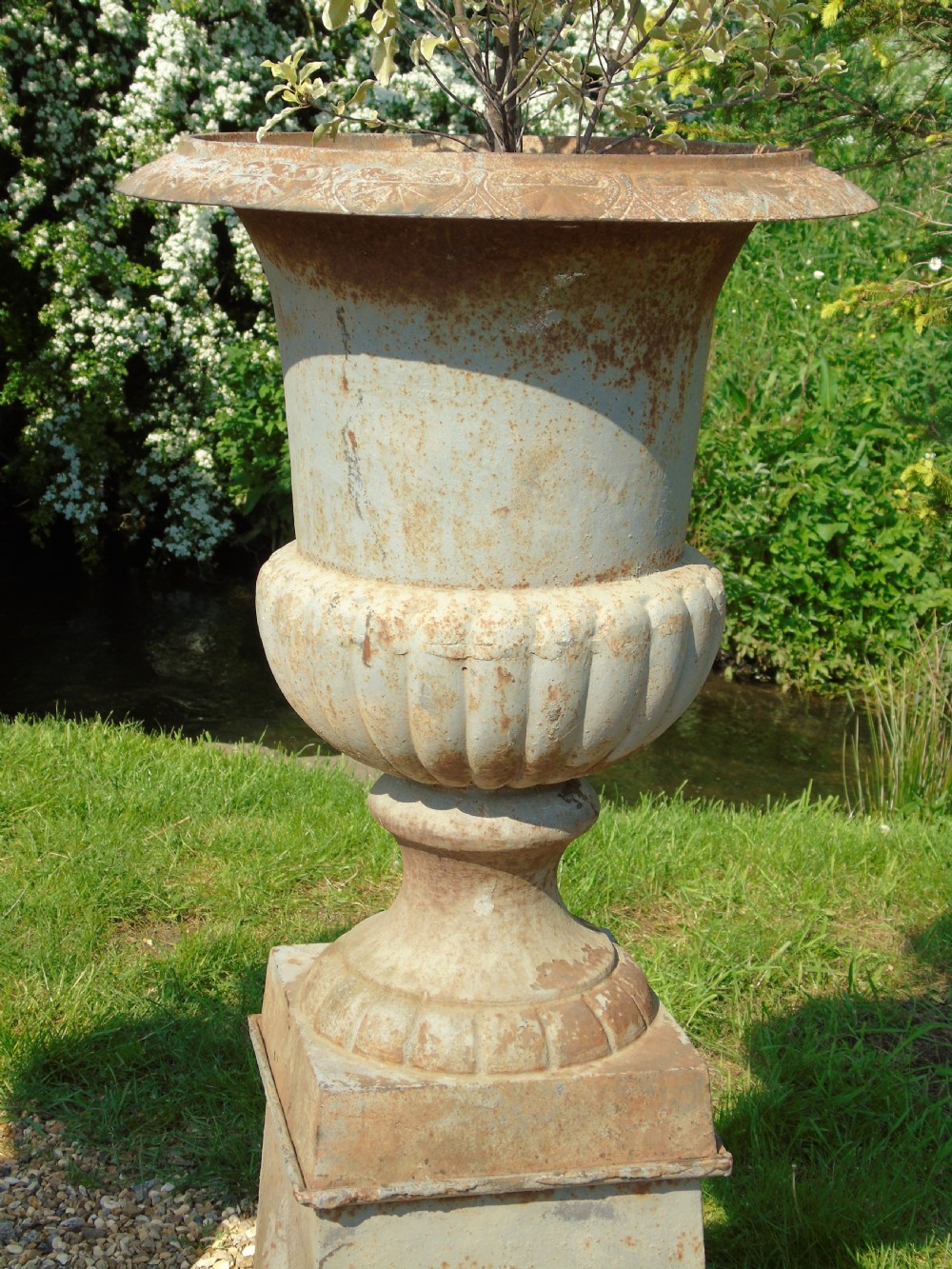 Fine Pair of Large 19th Century Campana Urns on Stands Garden Cast Iron View VI
