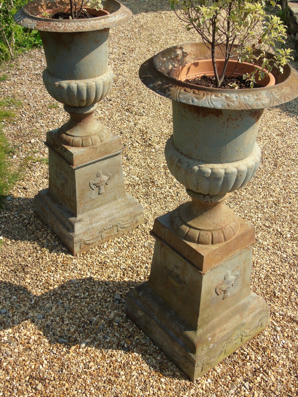 Fine Pair of Large 19th Century Campana Urns on Stands Garden Cast Iron View VII