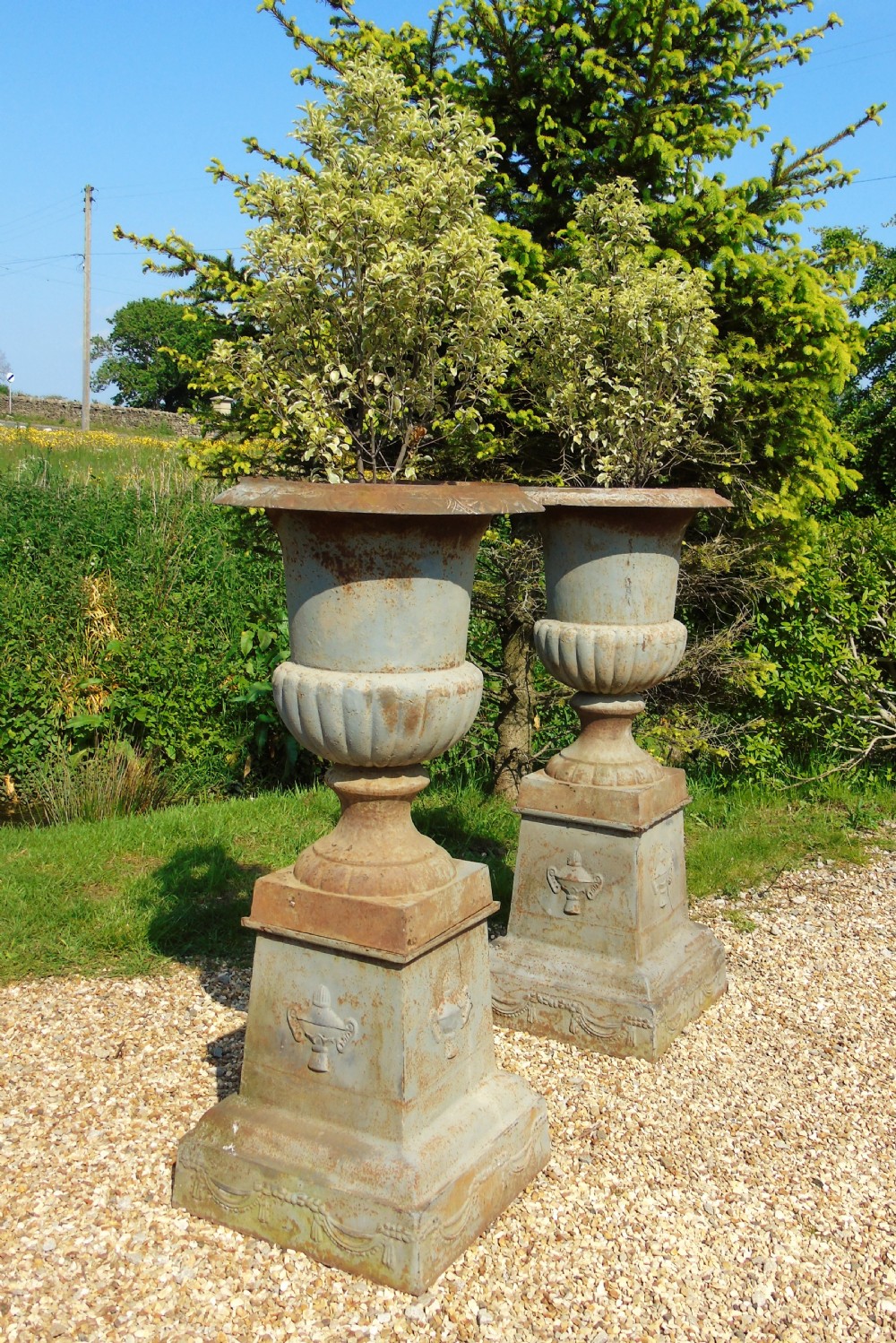 Fine Pair of Large 19th Century Campana Urns on Stands Garden Cast Iron View X