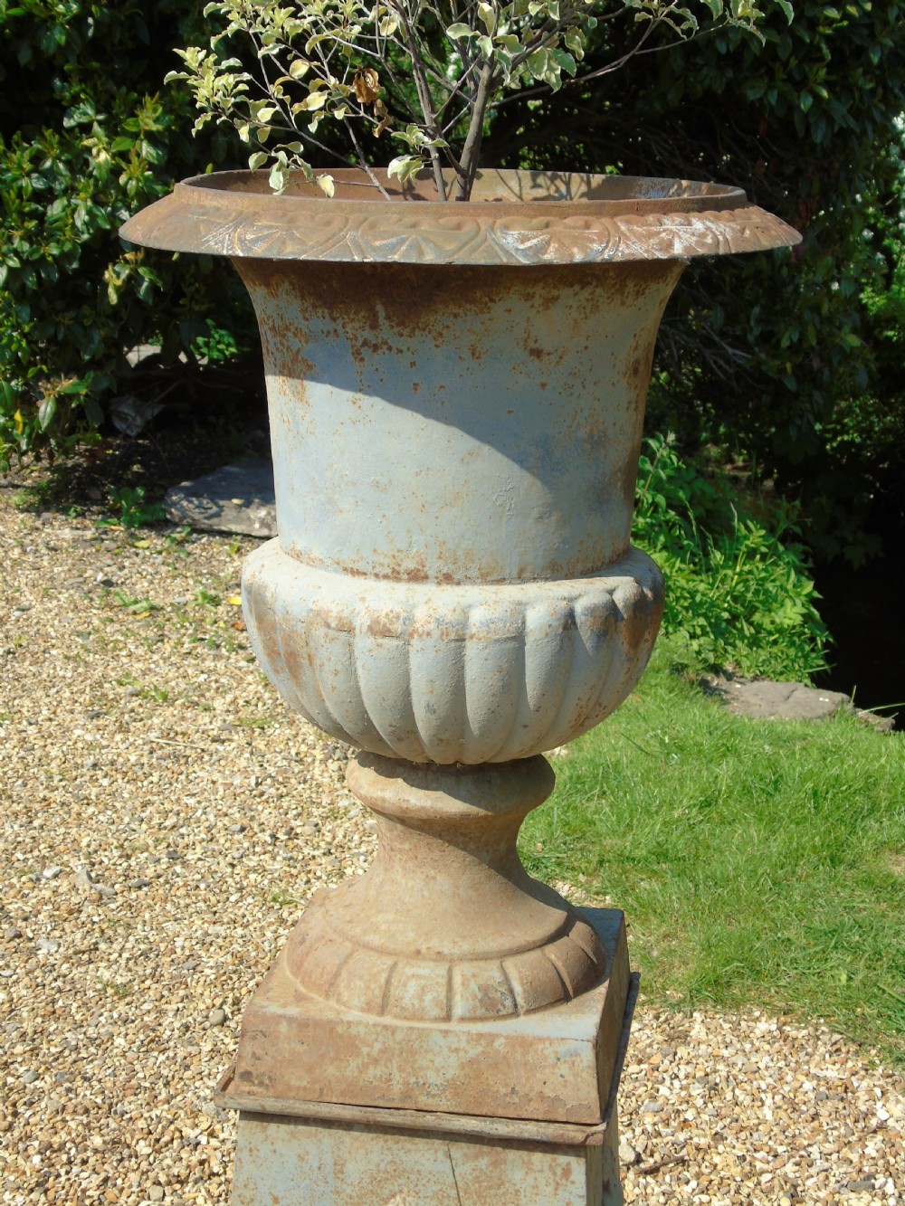 Fine Pair of Large 19th Century Campana Urns on Stands Garden Cast Iron View XII
