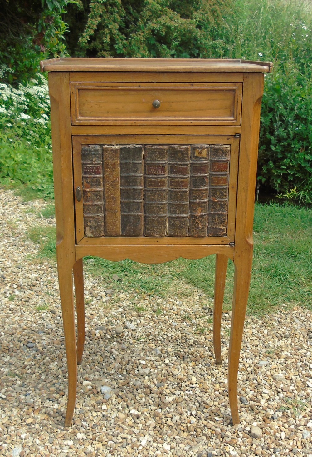 Antique French Fruitwood Bedside Cabinet Leather Book Fronts