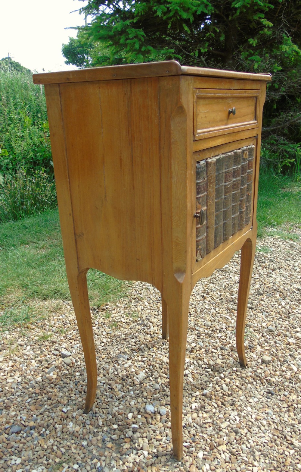 Antique French Fruitwood Bedside Cabinet Leather Book Fronts View IV